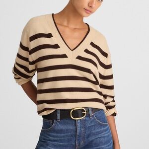 Madewell Cashmere Tan Brown Striped V-Neck Sweater